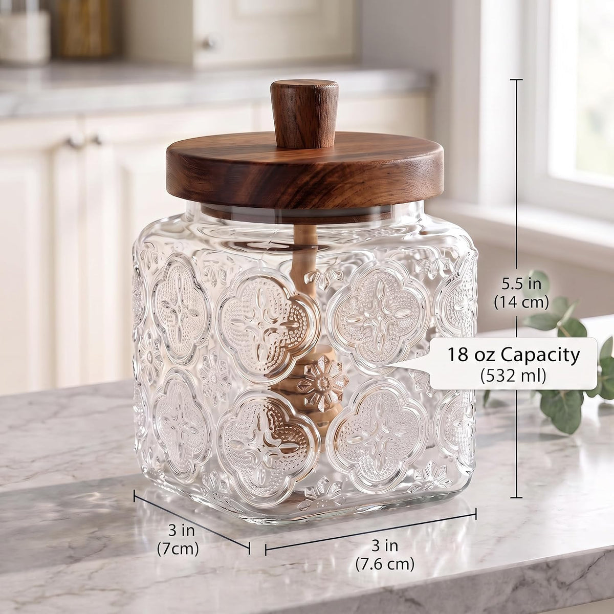 17 oz glass honey jar with wooden dipping spout and lid, sealed honey dispenser, kitchen wide mouthed honey pot, rural glass honey jar with dipping spout stick