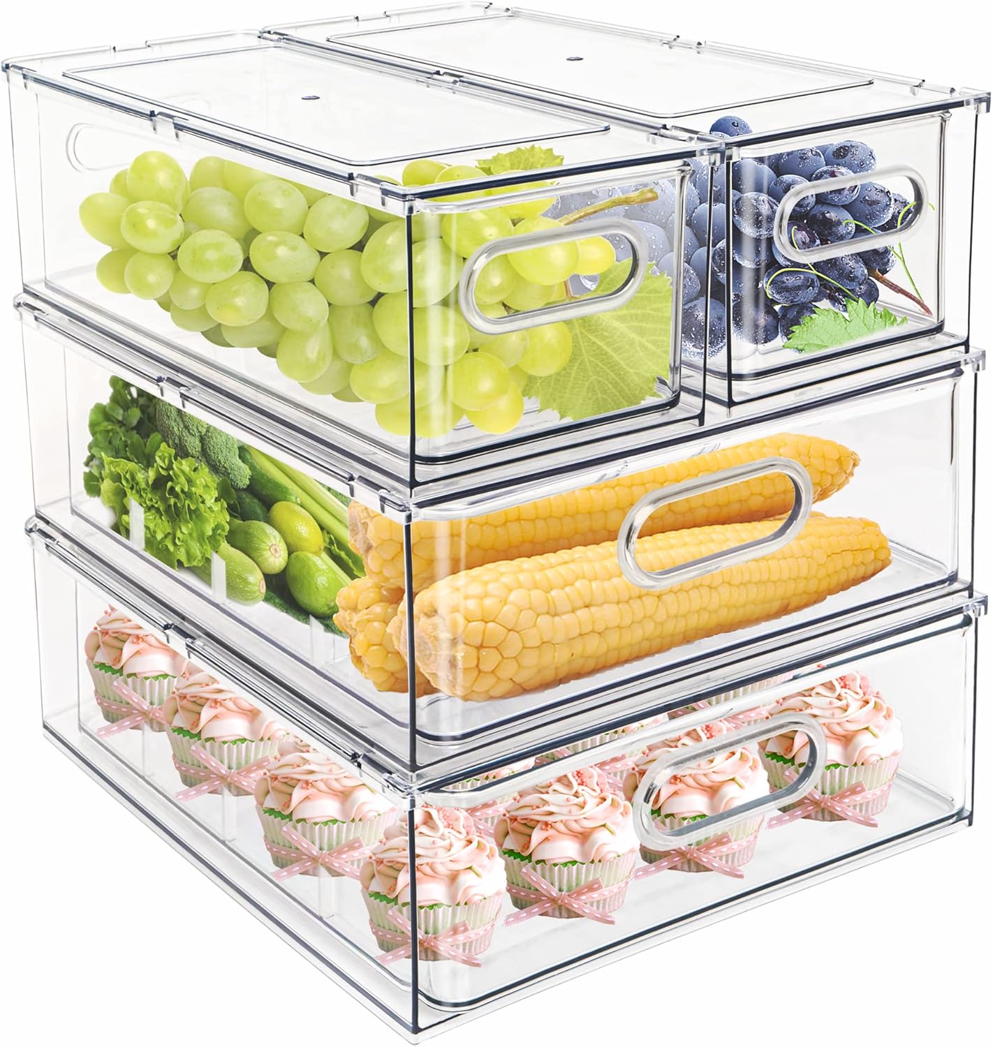 3Pack Fridge Organizer Drawer Divider Cube Pull-Out Bins Clear Food Container Refrigerator Storage box Produce Saver for Pantry Kitchen Cabinet