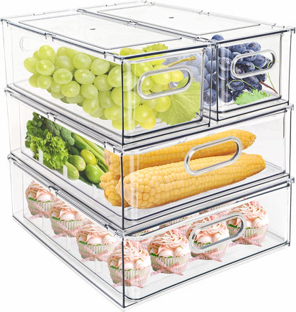 3Pack Fridge Organizer Drawer Divider Cube Pull-Out Bins Clear Food Container Refrigerator Storage box Produce Saver for Pantry Kitchen Cabinet