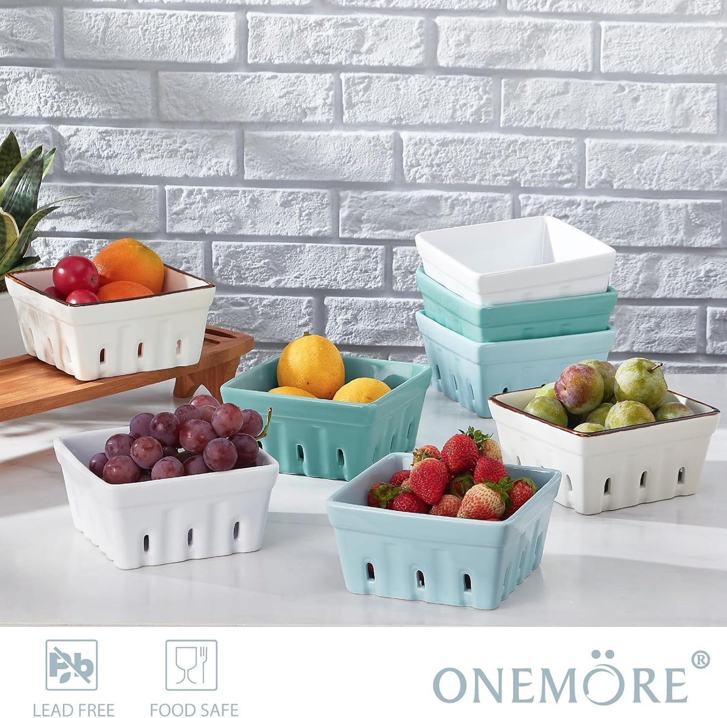 ONEMORE Ceramic Berry Basket, Square Fruit Bowls, Rustic Stoneware Berry Colander Set of 2, 5.7 inch, Gray & Light Green