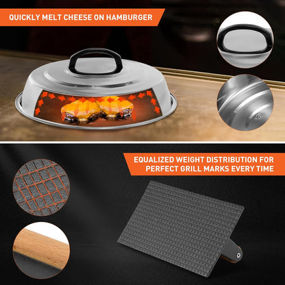 BBQ Accessories 12 Inch Round Stainless Steel Basting Cover - Cheese Melting Dome Round Cast Iron Grill Press Kit for Hamburger Bacon Steak, Best fits for Blackstone Camp Chef Flat Top Griddle Grill