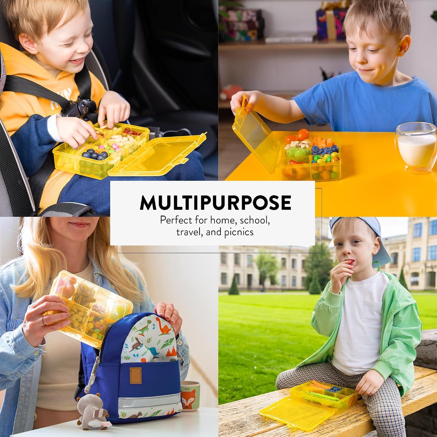 Large Kids Snack Box Containers Set of 2 -100 Labels, BPA-Free, Adjustable Compartments, Dishwasher Safe, Reusable Tray, Food Grade, Meal Prep Container, PARENT TESTED PARENT APPROVED AWARD (Clear)