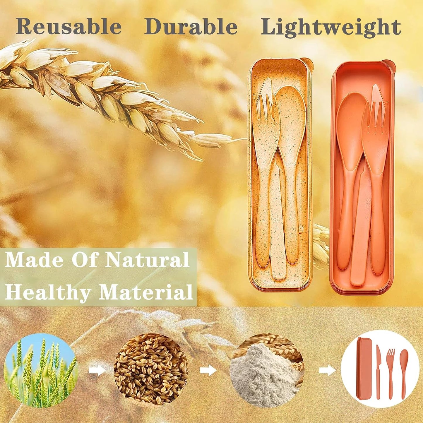 Reusable Travel Utensils Set with Case, 4 Sets Wheat Straw Portable Plastic Fork Spoons Knife Cutlery, Camping Eco-Friendly BPA Free Tableware for Kids Adults Work Picnic or Daily Use (Colorful)