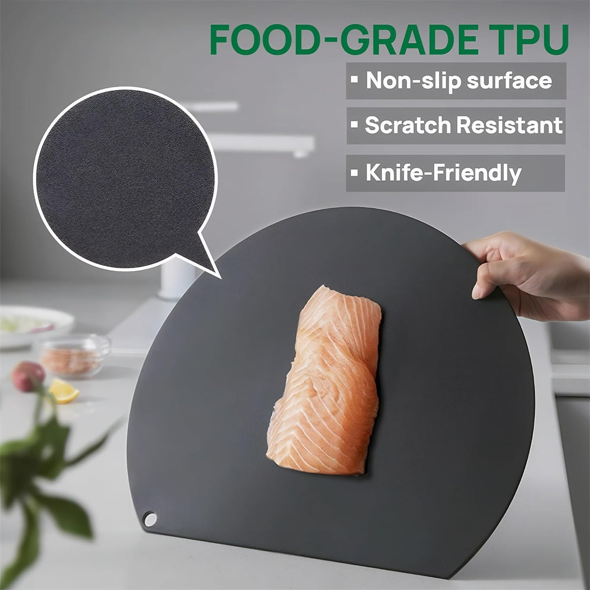 TPU Cutting Boards, Flexible, Non-slip Chopping Boards for Kitchen, Knife-Friendly & Dishwasher Safe Cutting Mat for Meat, Vegetables & Fruits (2PCS, Gray/Black-D Shape)