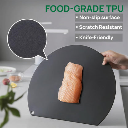 TPU Cutting Boards, Flexible, Non-slip Chopping Boards for Kitchen, Knife-Friendly & Dishwasher Safe Cutting Mat for Meat, Vegetables & Fruits (2PCS, Gray/Black-D Shape)