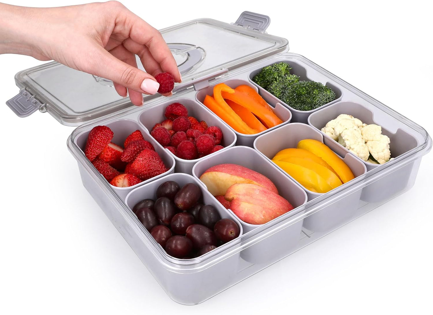 KEYVOZ Snackle Box Container with Lid- Travel Charcuterie Box with Handle - Organizer for Candy, Fruit, Nuts, Veggies, Snacks, Beach Essentials, Portable Lunch Box (Red, Small)
