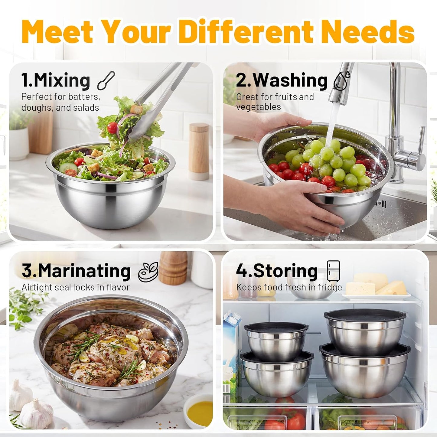 Beasea Stainless Steel Mixing Bowls, 5 Pack 1.5 QT Stackable Nesting Mixing Bowls with Airtight Lids, Metal Bowl with Lid for Baking, Meal Prepping, Salad, Serving, Food Storing