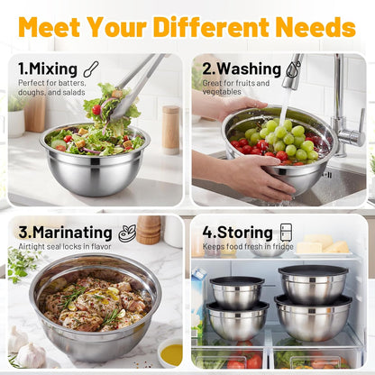 Beasea Stainless Steel Mixing Bowls, 5 Pack 1.5 QT Stackable Nesting Mixing Bowls with Airtight Lids, Metal Bowl with Lid for Baking, Meal Prepping, Salad, Serving, Food Storing