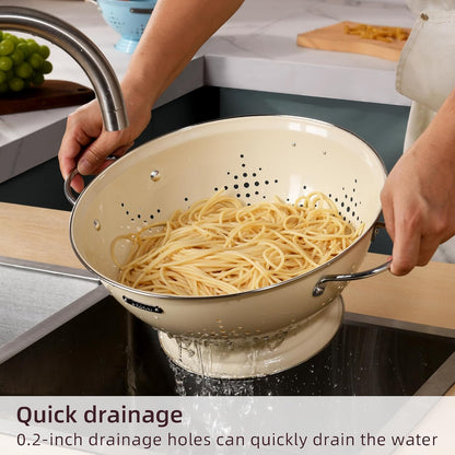 Metal Colander 2 Pack, Strainer Bowel with Handles 2Qt & 6Qt Powder Coated Solid Ring Base Heavey Duty Kitchen Drainer Basket for Pasta Veggies and Fruits,New Home Apartment Essentials (Almond Cream)