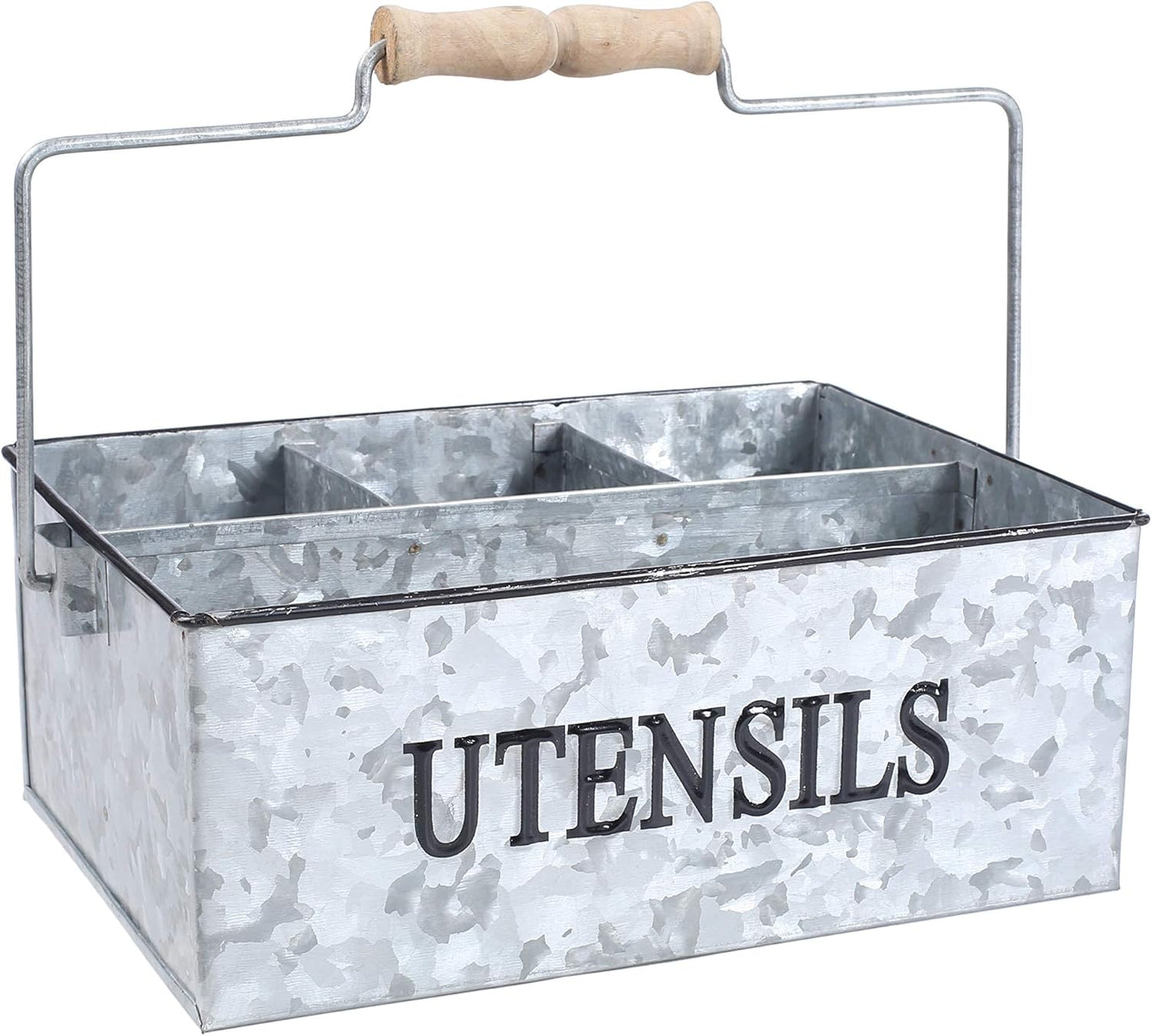 Light & Pro Multipurpose Galvanized Rustic Farmhouse Caddy - Metal 4 Compartment Storage Bin Caddy With Wooden Handle Perfect For Kitchen Utensils, Picnic, Garden Planter - Hammered - Antique Grey