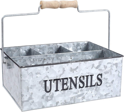 Light & Pro Multipurpose Galvanized Rustic Farmhouse Caddy - Metal 4 Compartment Storage Bin Caddy With Wooden Handle Perfect For Kitchen Utensils, Picnic, Garden Planter - Hammered - Antique Grey