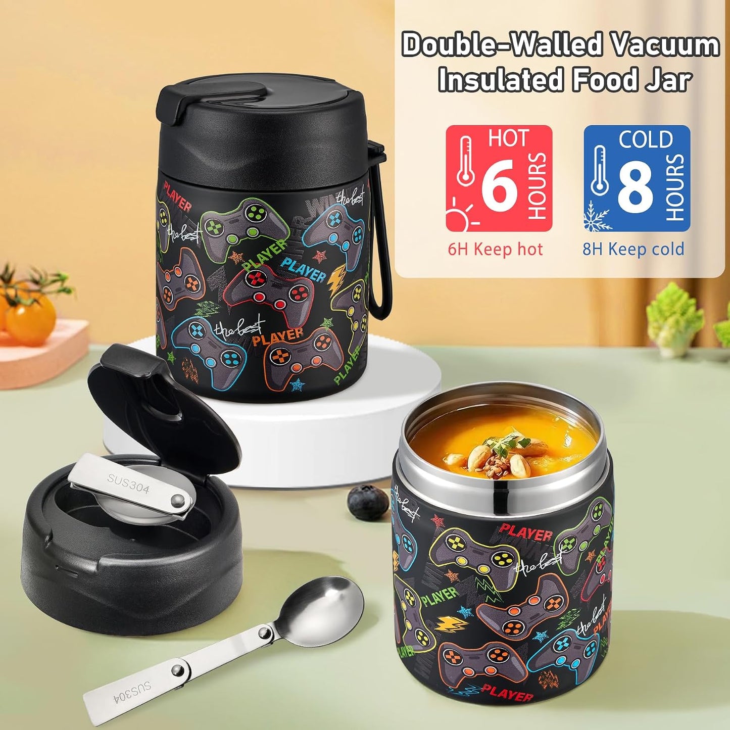 Bento Lunch Box for Kids with 17oz Soup Thermo,Insulated Tumbler Water Bottle and Insulated Lunch Bag,Leak-Proof 3 Compartment Lunch Food Container with Ice Pack for Kids to School-Horse