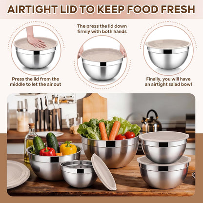 E-far Mixing Bowls With Lids Sets of 5, 10-Piece Stainless Steel Salad Metal Nesting Bowl for Baking Cooking and Prepping, Airtight Lid & Stackable Design, Size 4.6, 3, 2.1, 1.5, 0.7 QT, Black