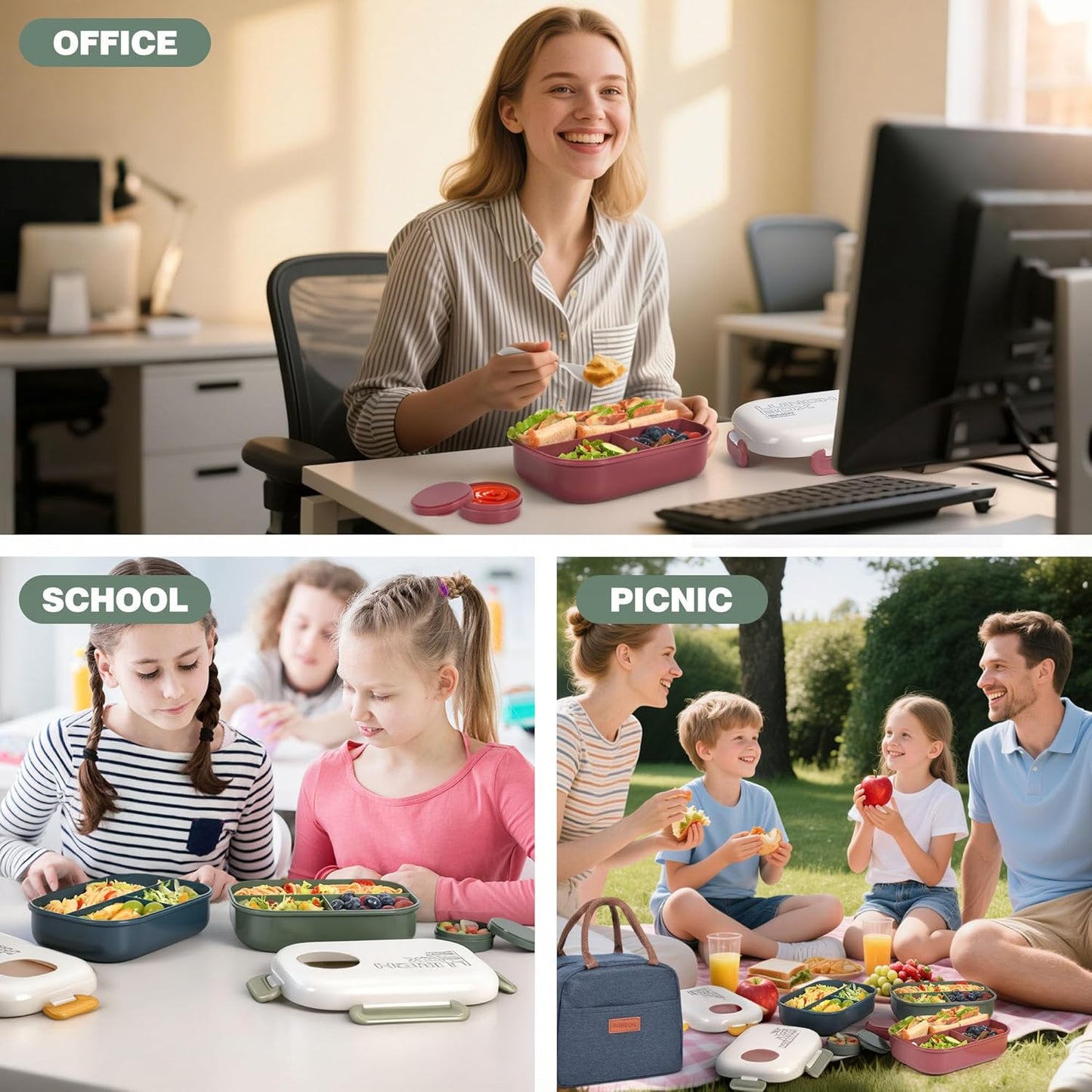 Lunch Bento Box Set - 3 Compartment Containers for Kids and Adults,lunch box for women with Thermo Lunch Bag, Leak-Proof and BPA-Free - Built-in Utensil Set,Sauce - Dishwasher Safe-Claret