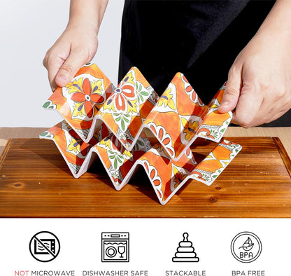 TP Taco Holder Stands, Set of 2 Melamine Large Taco Serving Rack Tray with Handle, Holds 3 Tacos, Dishwasher Safe, Ideal for Taco Night, Party, Home, Fiesta, Talavera Tile