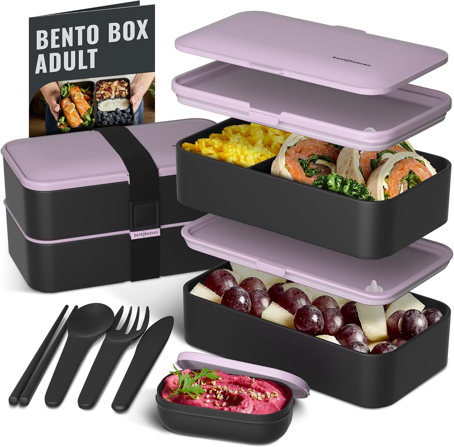 Bentoheaven Premium Bento Box Adult Lunch Box with Compartments for Women & Men, Set of Utensil & Chopsticks & Dip Container, Cute Japanese Kids Bento Lunch Box, Microwavable (Symph Onyx)