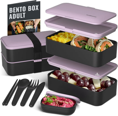 Bentoheaven Premium Bento Box Adult Lunch Box with Compartments for Women & Men, Set of Utensil & Chopsticks & Dip Container, Cute Japanese Kids Bento Lunch Box, Microwavable (Symph Onyx)