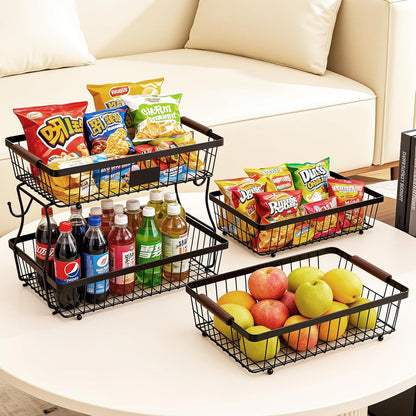 2-Tier Stackable Wire Basket with 2 Banana Hooks, Pantry Organizer for Kitchen Countertops, Cabinets & Under-Sink Spaces; Ideal for Storing Snacks, Fruits, Veggies, Onions, Potatoes, & More,Black