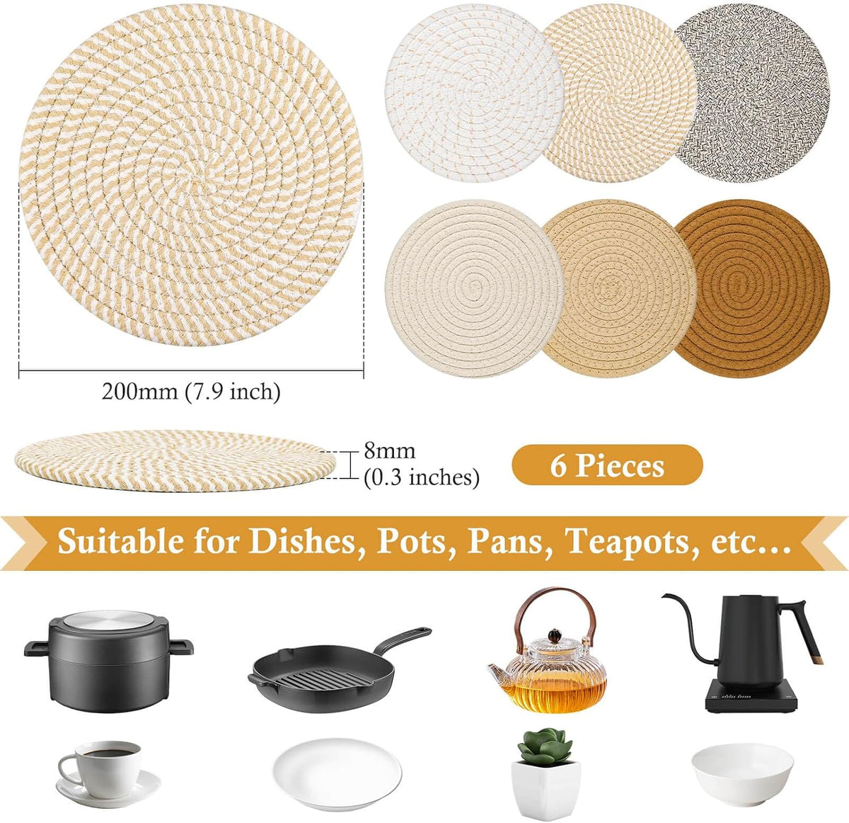 Billbotk 8'' Trivets Hot Dishes, Hot pots and Pans, 6 Heat Resistant Hot Pads, Pot Holders Kitchen, Hot Plate Mats Kitchen Countertops, Table, Home Essentials New Home and Farmhouse Decor