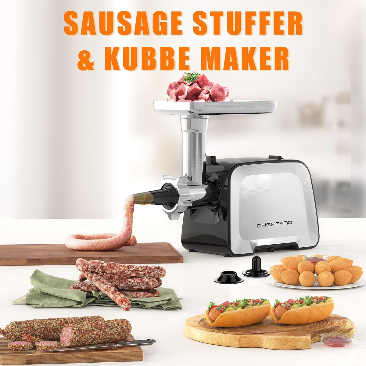 Electric Meat Grinder, 2000W Max Sausage Stuffer Maker, Vegetable Cheese Grater with 3 Shredder Slicer Blades, 2 Blades, 3 Plates, Sausage Tube, 2 Meat Claws, Burger Press & Kubbe Kit