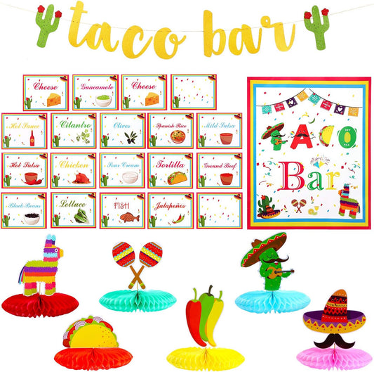 Boao 28 Pieces Taco Bar Decoration Kit Taco Bar Banner Sign Mexican Theme Party Decor 20 Pieces Colorful Table Tent Cards 6 Pieces Fiesta Honeycomb Table Centerpiece for Cinco De Mayo Supplies