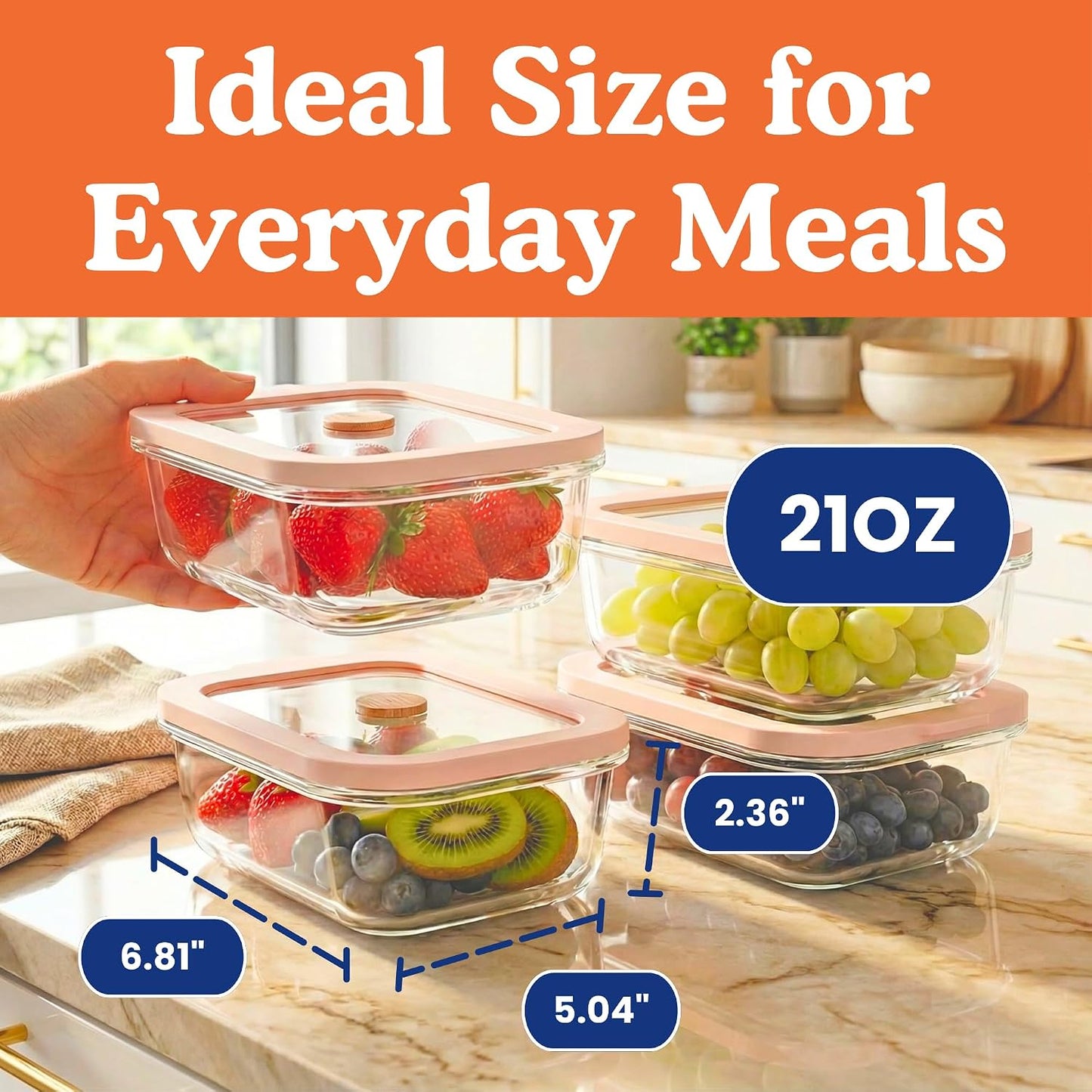 Ziruma Non-Toxic Glass Food Containers with Lids, 4-Pack, 35 oz, Beige | Plastic & BPA free. Glass body, glass lid & platinum silicone seal. Airtight & leakproof. Freezer & microwave safe.