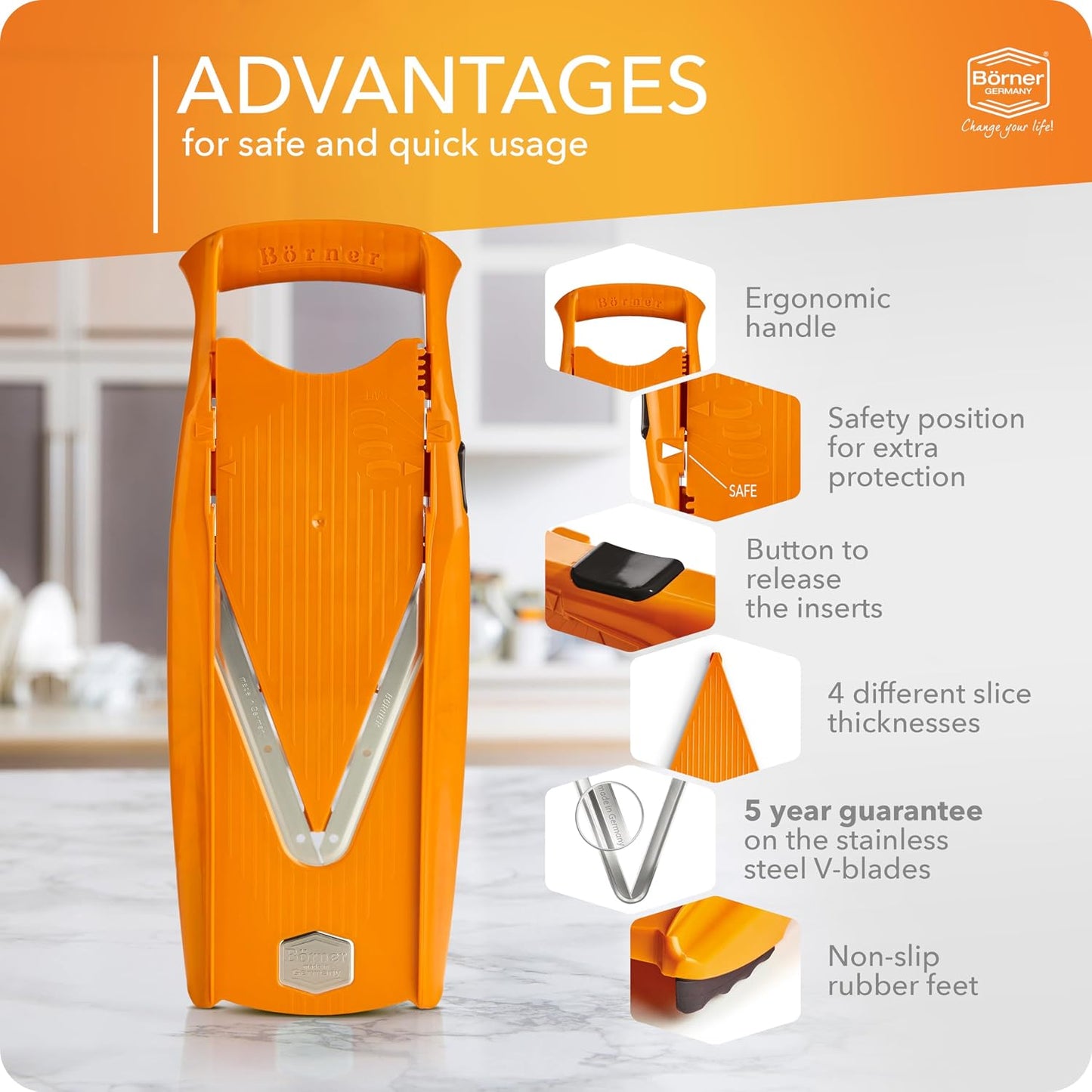 Börner Mandoline Slicer V5 (Basic Set) • Vegetable V-Slicer for Slices in 4 Thickness Settings • Stainless Steel V-Blade • Adjustable Kitchen Slicer for Vegetables & Fruits • Color: Green