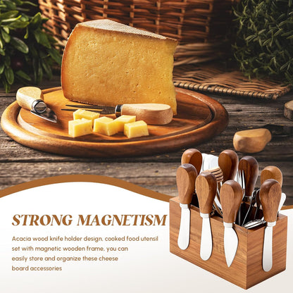 Hushee 44 Pcs Charcuterie Boards Accessories with Magnetic Acacia Wood Holder Wooden Cheese Knife Set for Wood Handle Knives for Cheese Knife Slicer with Tongs, Spoons, Forks, Honey Dipper (Style 2)