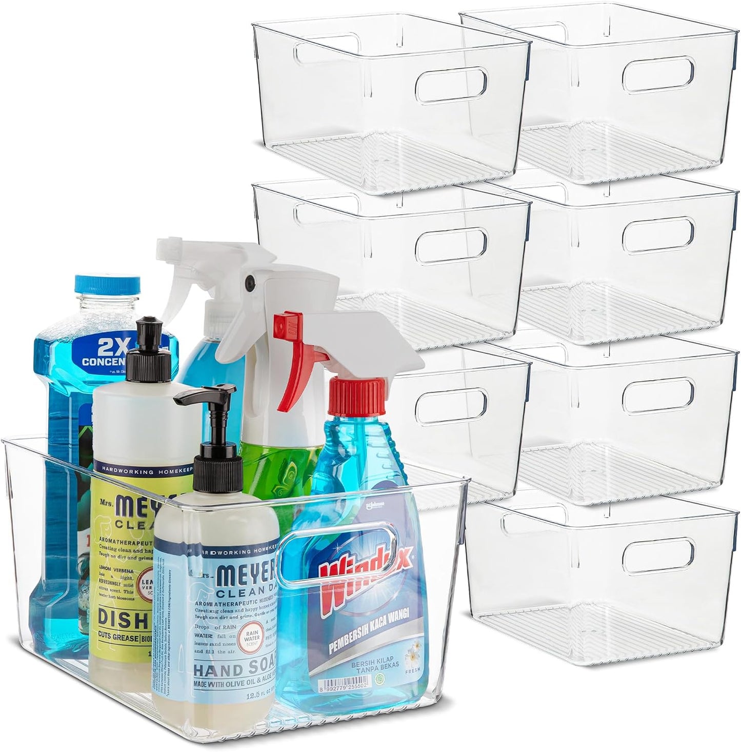 Plastic Food Storage 4 Pack Clear Container Bin with Handles for Organizing Kitchen, Pantry, Refrigerator, Freezer, Pantry, Cabinet, Closet, Bathroom. Stackable 10”x6”x3”