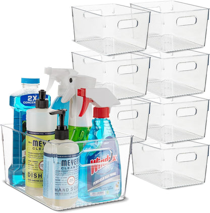 Plastic Food Storage 4 Pack Clear Container Bin with Handles for Organizing Kitchen, Pantry, Refrigerator, Freezer, Pantry, Cabinet, Closet, Bathroom. Stackable 10”x6”x3”