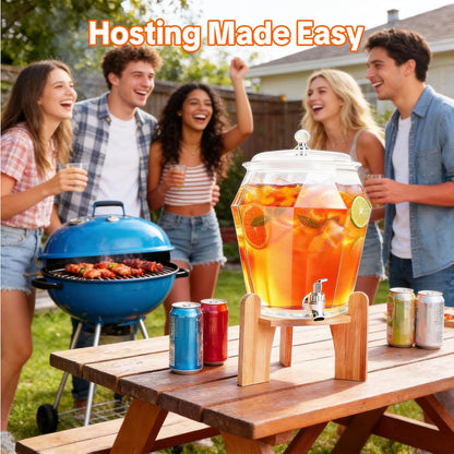 2 PCS Drink Dispenser Set, 2.5 Gallon Total Capacity (7L & 2.6L) - Shatterproof Plastic Beverage Containers with Wood Stand, Leak-Proof Spigot for Juice, Tea, Lemonade & Mimosa Bar Hosting