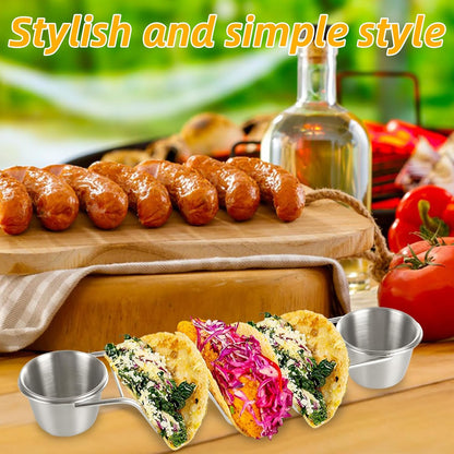 Stainless Steel Taco Holder 4 Packs Grill & Oven Safe Taco Holders with 2 Sauce Cups and Spoon Each Metal Taco Stands for 3 Tacos Taco Shell Stands for Taco Bar Gifts & Accessories