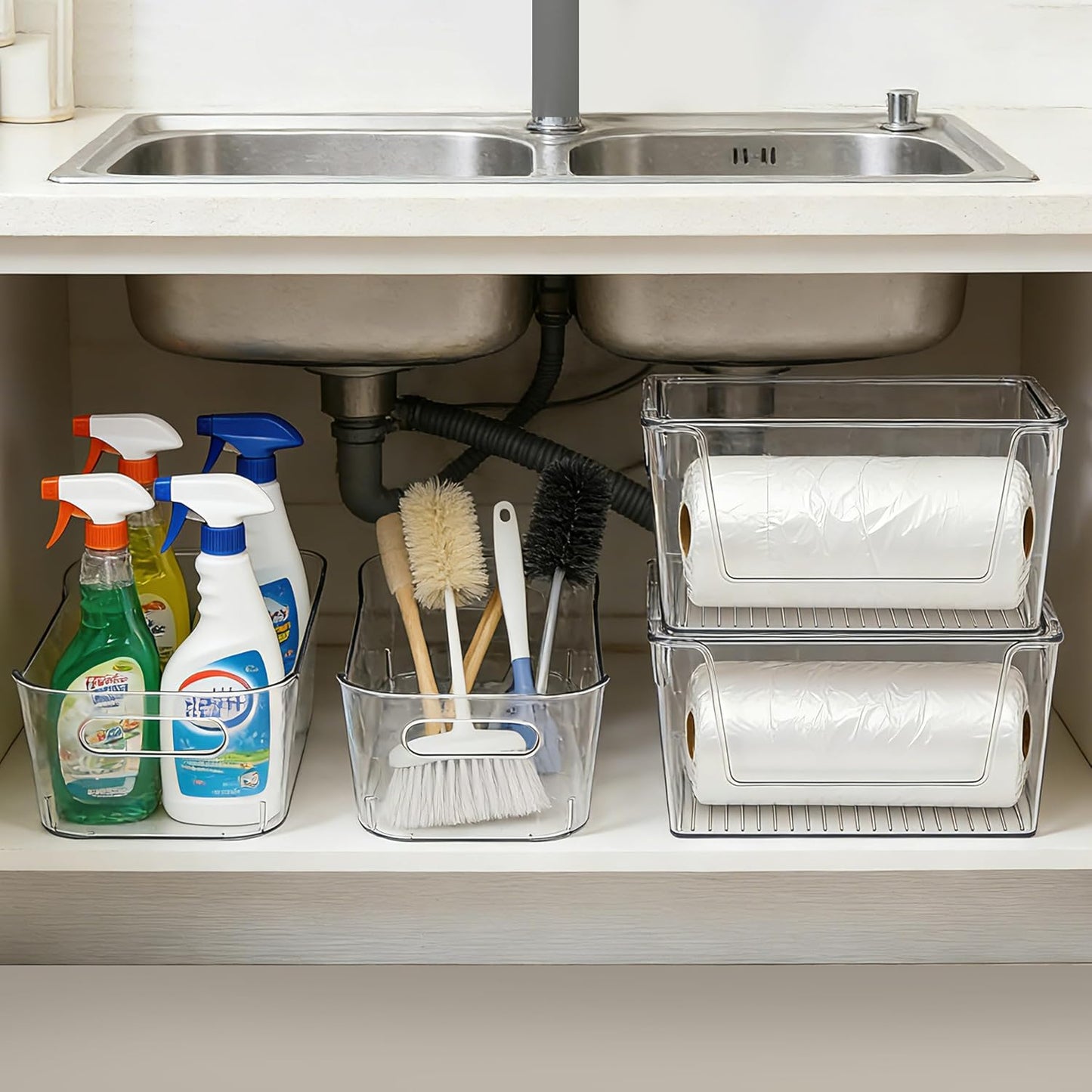 Tiawudi Set of 6 Clear Plastic Storage Bins, 2 Large Stackable Oraganizer with Open Front & Lid, 4 Small Storage Container for Pantry Organization, Multi-Use Organizer Bins for Home, Kitchen, Cabinet
