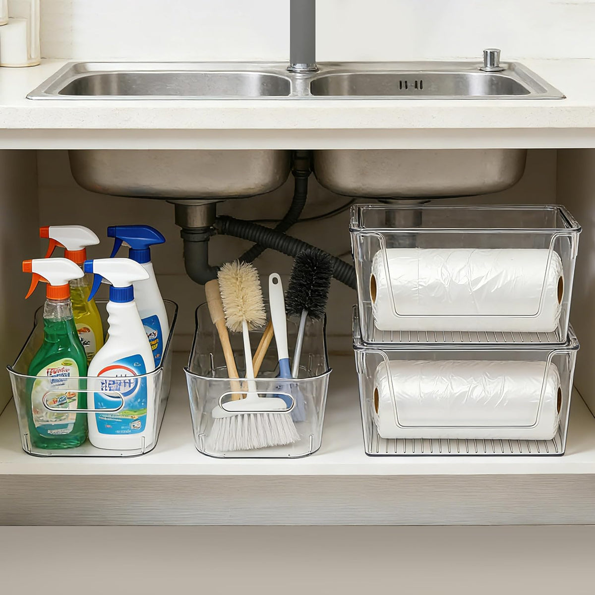 Tiawudi Set of 6 Clear Plastic Storage Bins, 2 Large Stackable Oraganizer with Open Front & Lid, 4 Small Storage Container for Pantry Organization, Multi-Use Organizer Bins for Home, Kitchen, Cabinet