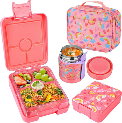 Pawtong Bento Lunch Box Set With 10oz Soup Thermo, Leak-proof Lunch Containers with 4 Compartment, Kids Hot Thermo Food Jar/Insulation Lunch Bag, Food Containers for School（Dinosaur）
