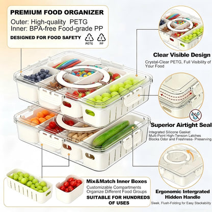 2 Pack Divided Serving Tray with Lid and Handle, 12 Compartments Snackle Box Container, Portable Platter with Drain Trays for Candy Fruit Nut, Road Trip Essentials, Picnic & Party