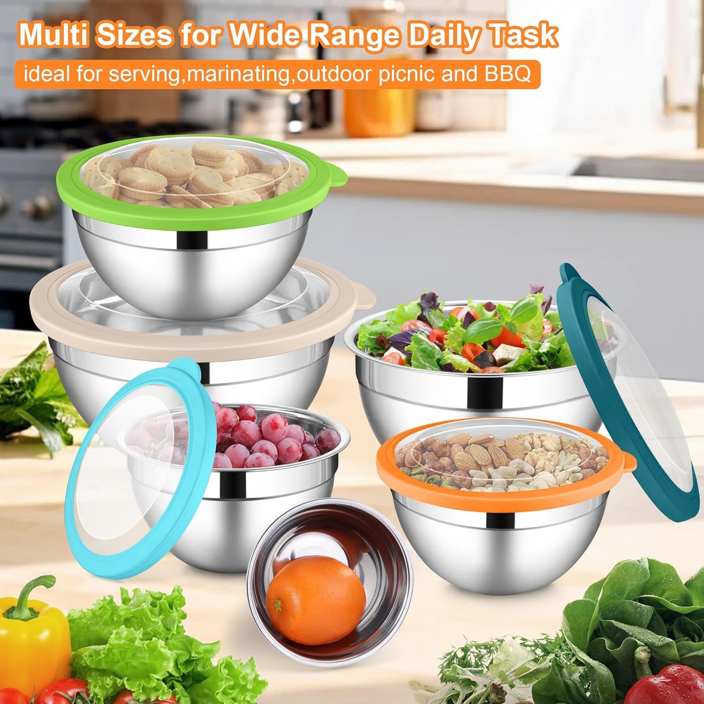 LIANYU Stainless Steel Mixing Bowls Sets of 6, Large 7, 3.5, 2.5, 2, 1.5, 1QT Size with Transparent Airtight Lids, Metal Nesting Serving Bowl Sets for Home Kitchen, Dishwasher & Freezer Safe, Black