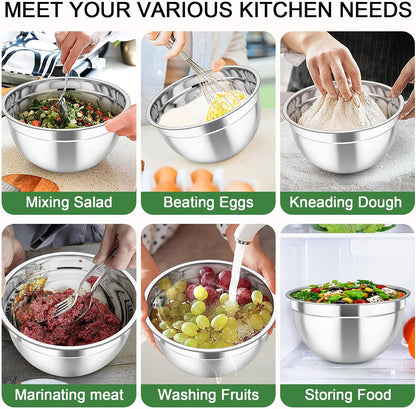 TeamFar Mixing Bowls with Airtight Lids, 5PCS Stainless Steel Metal Salad Bowl with 3 Grater Attachments, for Cooking, Prepping, Serving, Healthy & Easy Clean - 0.7/1/1.5/2.6/4.6QT, Black