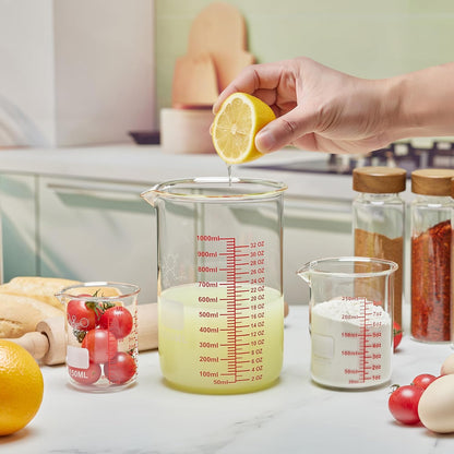 3 Piece Glass Measuring Cup Set, Includes 1/2-Cup, 1-Cup, and 2-Cup High Borosilicate Glasss Liquid Measuring Cups, Dishwasher, Freezer, Microwave, and Preheated Oven Safe, Essential Kitchen Tools