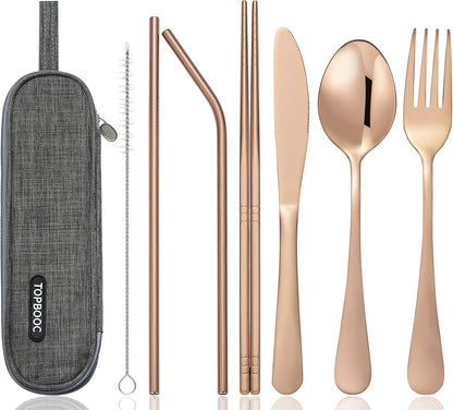 Portable Stainless Steel Flatware Set, Travel Camping Cutlery Set, Portable Utensil Travel Silverware Dinnerware Set with a Waterproof Case (Pink)