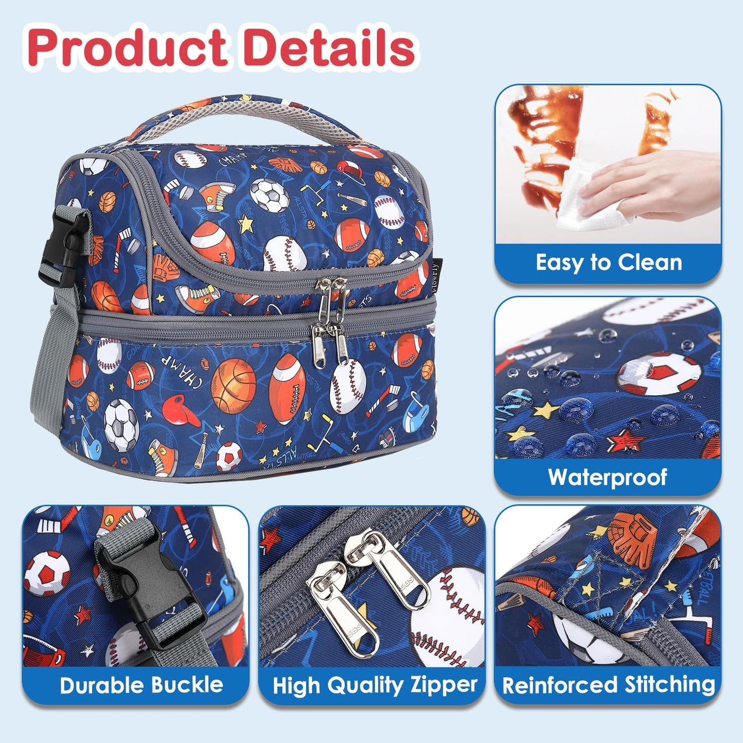 FlowFly Kids Double Decker Cooler Insulated Lunch Bag Large Tote for Boys, Girls, Men, Women, With Adjustable Strap, Unicorn
