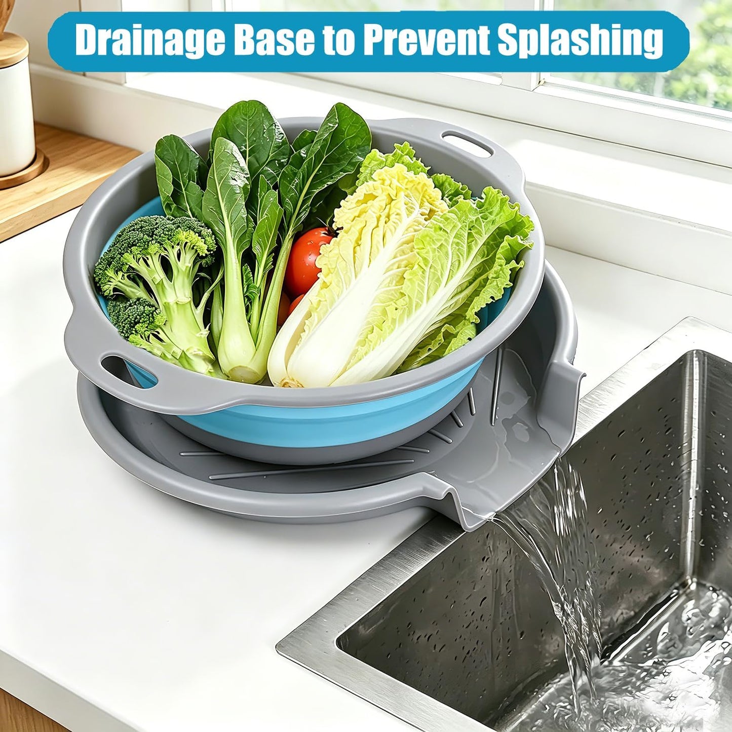 Collapsible Colanders Food Strainers, 3-Pack Foldable Kitchen Strainers with Over-Sink Water Draining Tray, Space Saving Kitchen Drainer for Vegetables, Fruit, Pasta and Rice (White-Gray)