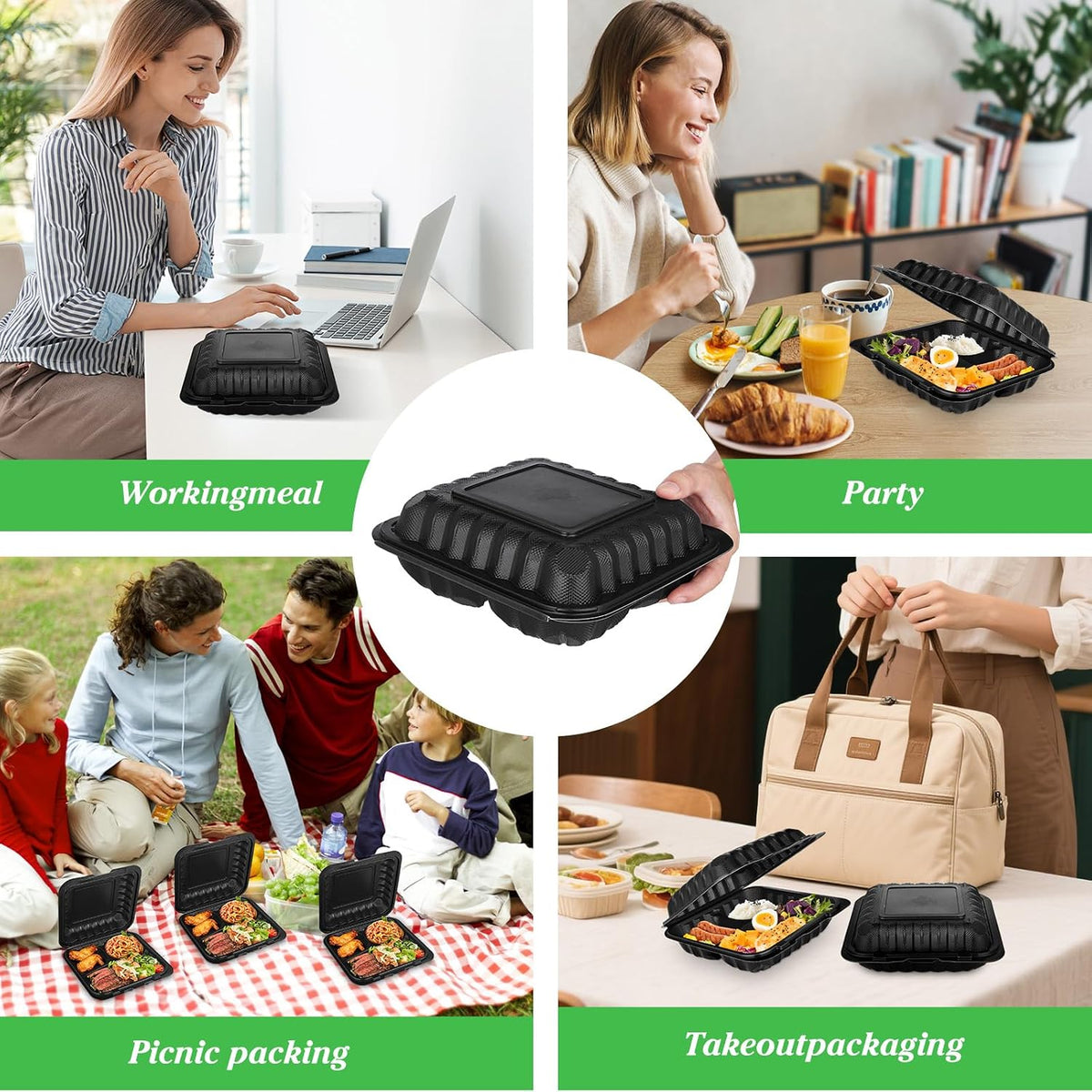 50Pack 8" X 8" 3-Compartment Clamshell To Go Food Containers With Secure Snap Lids - Heavy Duty Take out Containers Disposable To Go Plate For Carryout Meal Prep Catering (Black 3-Compartment)