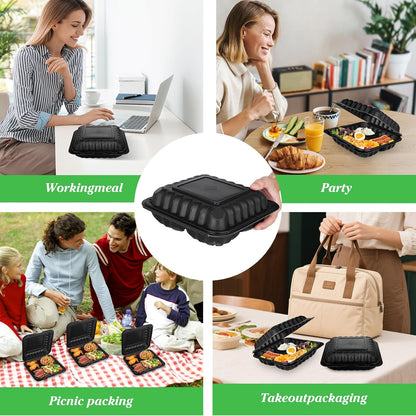 50Pack 8" X 8" 3-Compartment Clamshell To Go Food Containers With Secure Snap Lids - Heavy Duty Take out Containers Disposable To Go Plate For Carryout Meal Prep Catering (Black 3-Compartment)