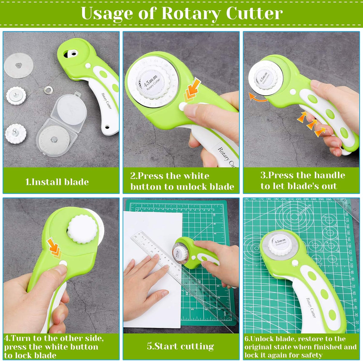 Rotary Cutter and Mat Set, Audab Self Healing Sewing Mats Shirt Cutter 45mm Fabric Cutter Wheel with 2 Blades Rotary Cutting Mat for Crafts Fabric Quilting Hobby (9" x 12" (A4)