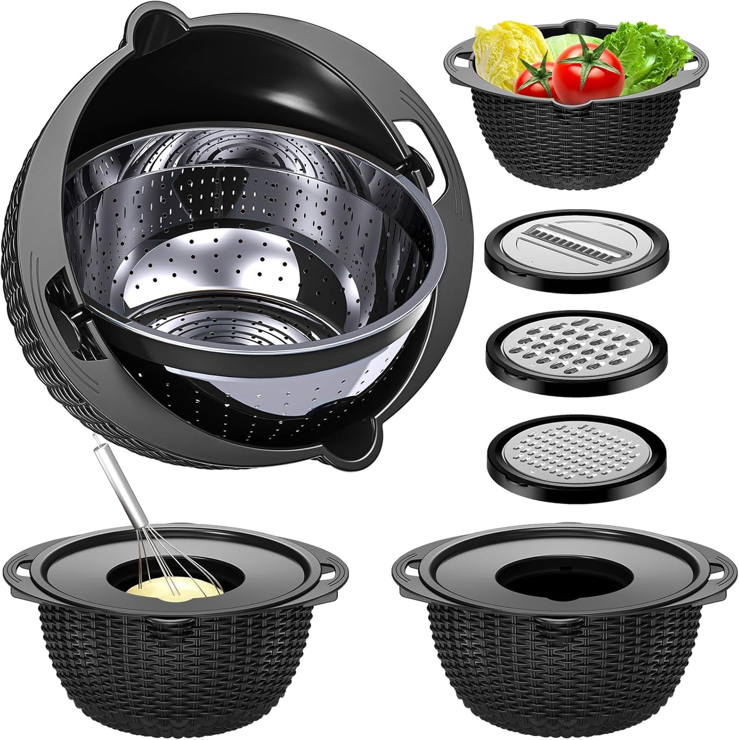 4-1 Colander with Bowl & Spoons Set - Rotatable Colander for kitchen with New Upgraded Graters, Food Strainer(Patented) for Pasta, Fruits, Vegetables, Funny Presents for Women, Beige