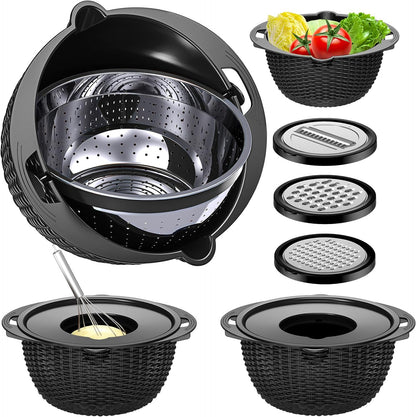 4-1 Colander with Bowl & Spoons Set - Rotatable Colander for kitchen with New Upgraded Graters, Food Strainer(Patented) for Pasta, Fruits, Vegetables, Funny Presents for Women, Beige