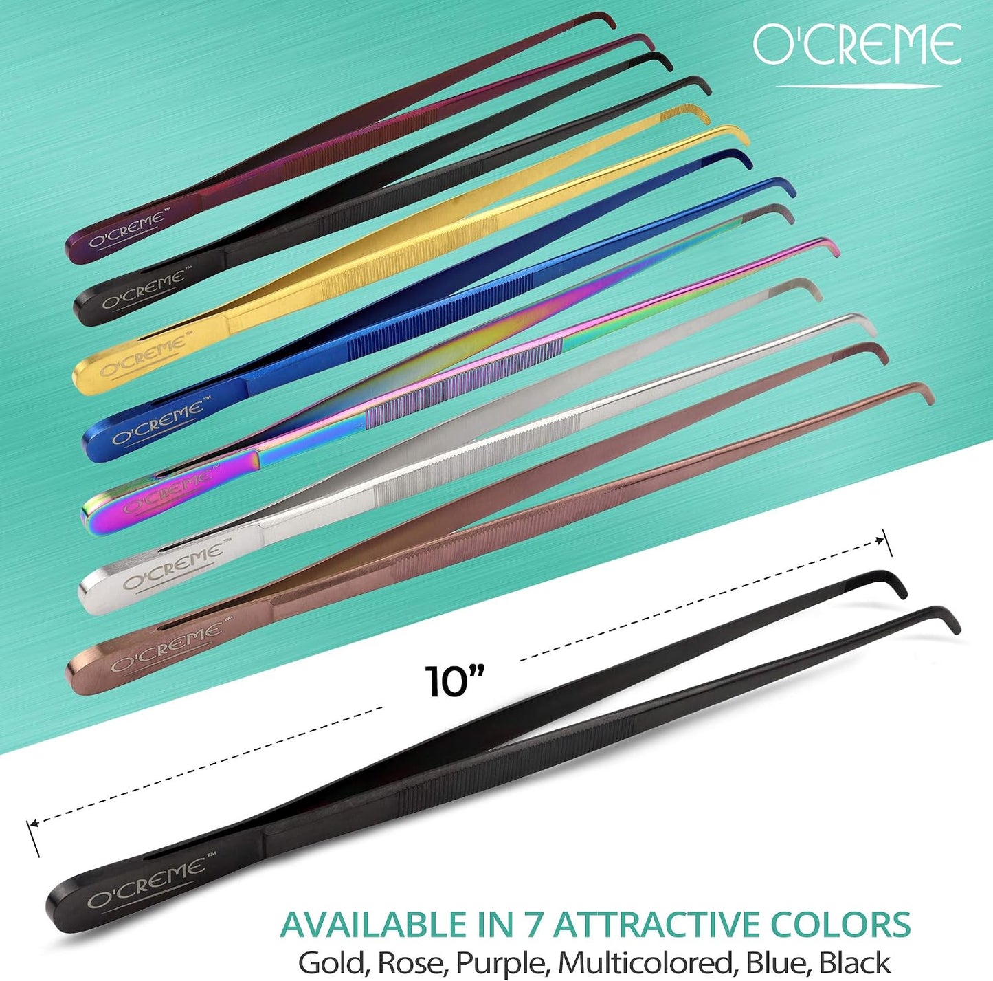 O'Creme Stainless Steel Precision Kitchen Tweezer Tongs with Serrated Tips for Gripping (10" Curved, Silver)