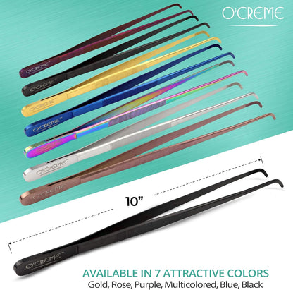 O'Creme Stainless Steel Precision Kitchen Tweezer Tongs with Serrated Tips for Gripping (10" Curved, Silver)