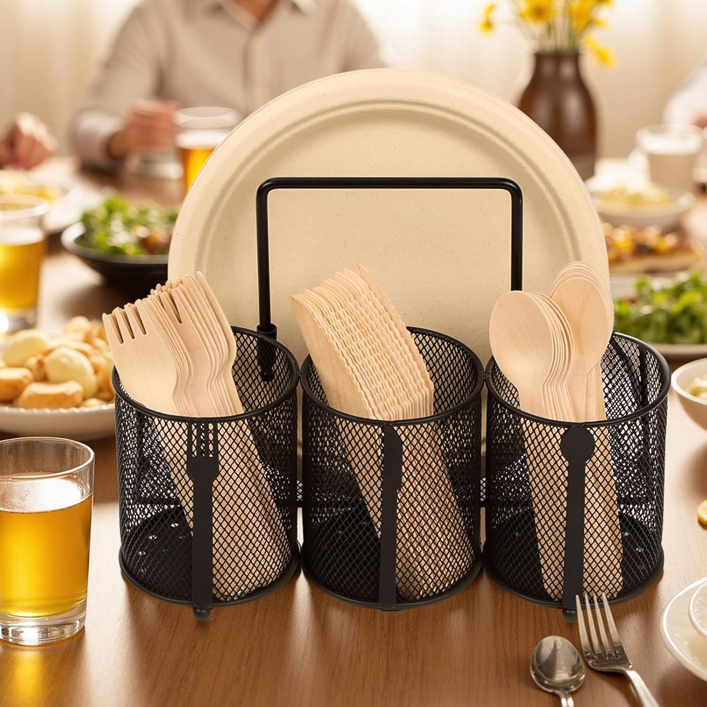 Utensil Caddy Silverware Holder for Party, Metal Mesh Cutlery Storage Organizer for Forks Spoons Napkins Plates, Perfect for Kitchen, Buffet, Picnic, Camping & Outdoor BBQ
